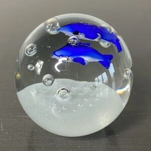 Dynasty Gallery Small Round Glass Paperweight, Dolphins With Controlled Bubbles
